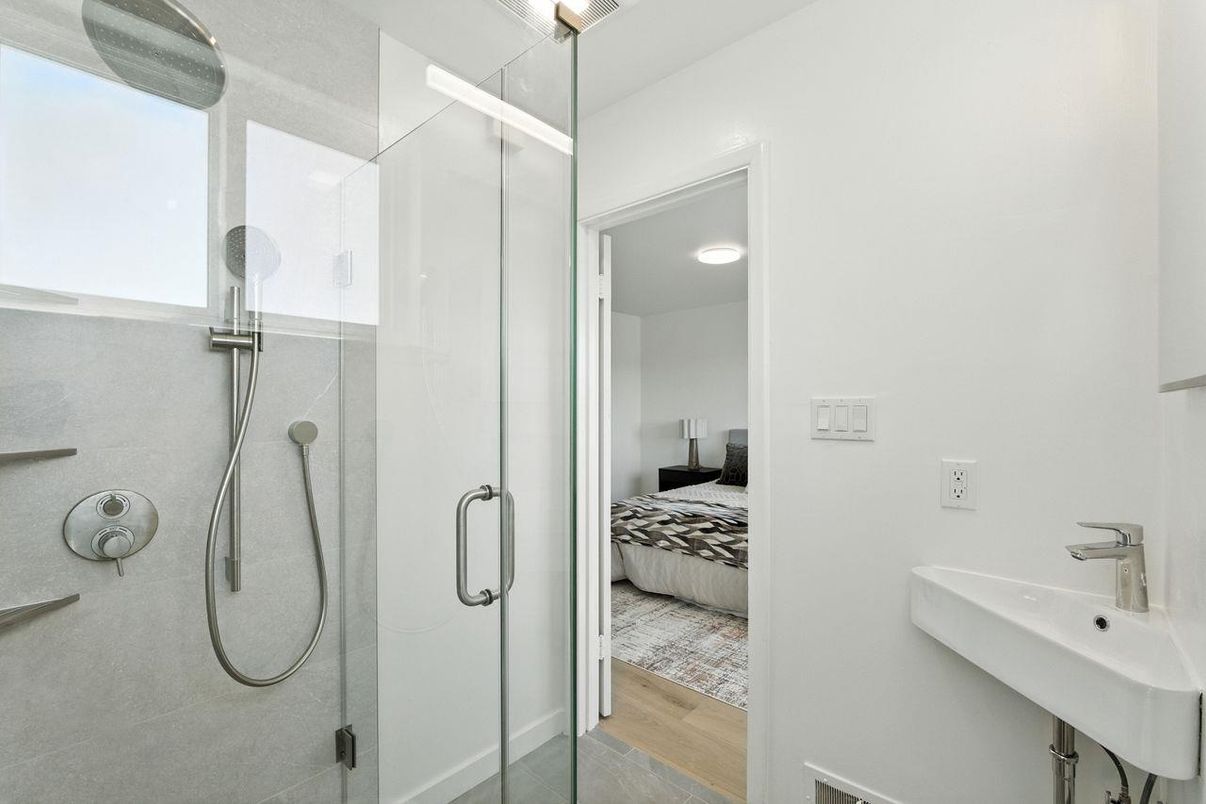 Bathroom, Bedroom, Glass Shower, Interior, Wood Texture Flooring