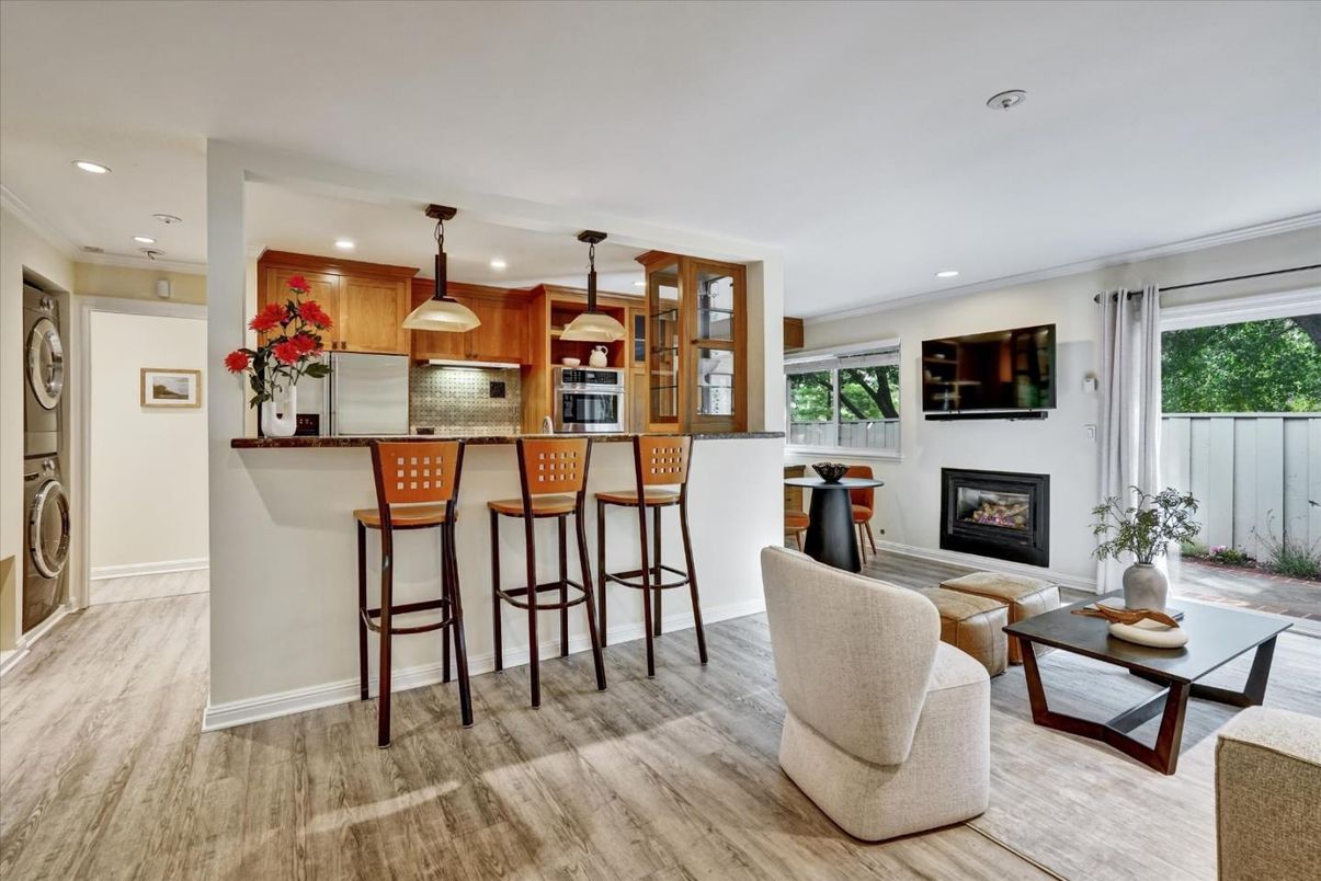 Fireplace, Interior, Kitchen, Living room, Pendant Lights, Recessed Lighting, Wood Texture Flooring