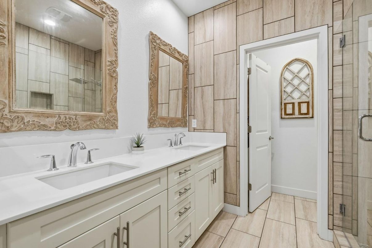 Bathroom, Dual Sink Vanities, Glass Shower, Interior, Recessed Lighting