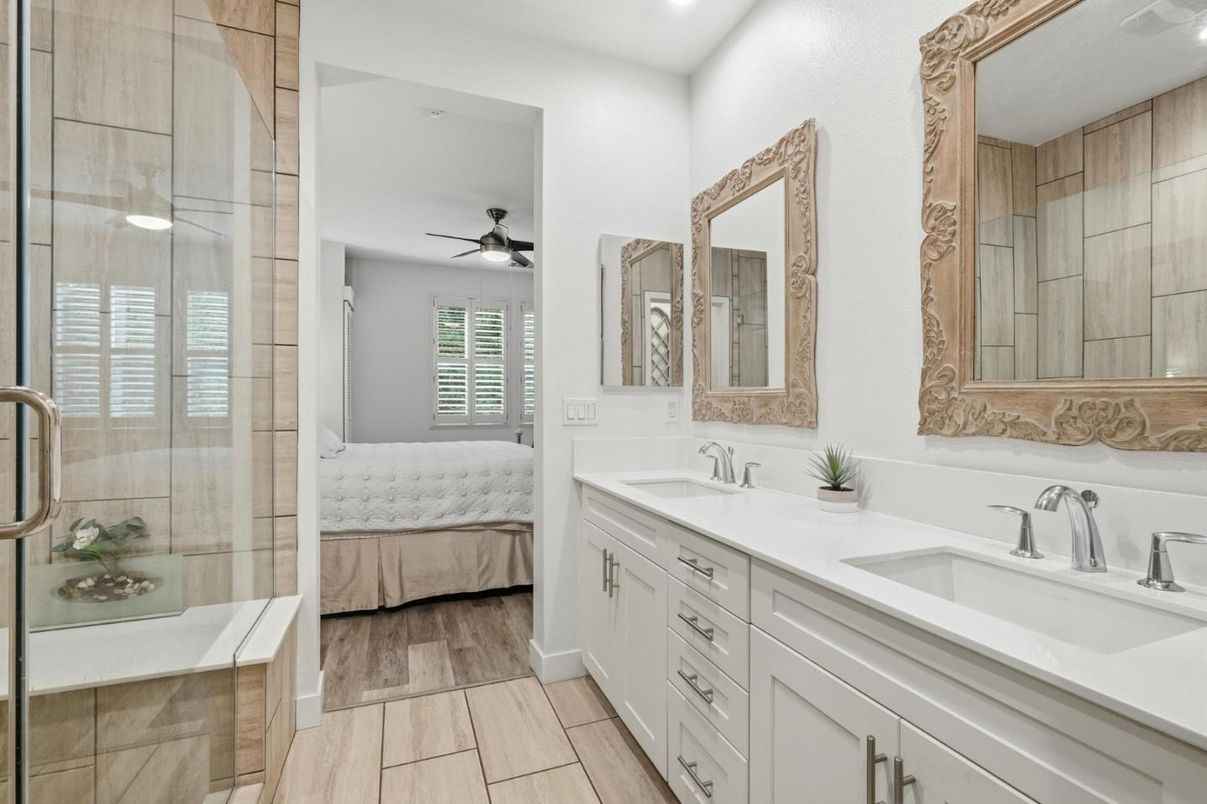 Bathroom, Bedroom, Dual Sink Vanities, Glass Shower, Interior, Recessed Lighting, Wood Texture Flooring
