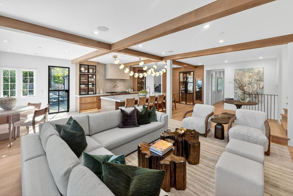 Dining room, Interior, Kitchen, Living room, Recessed Lighting, Wooden Beams, Wood Texture Flooring