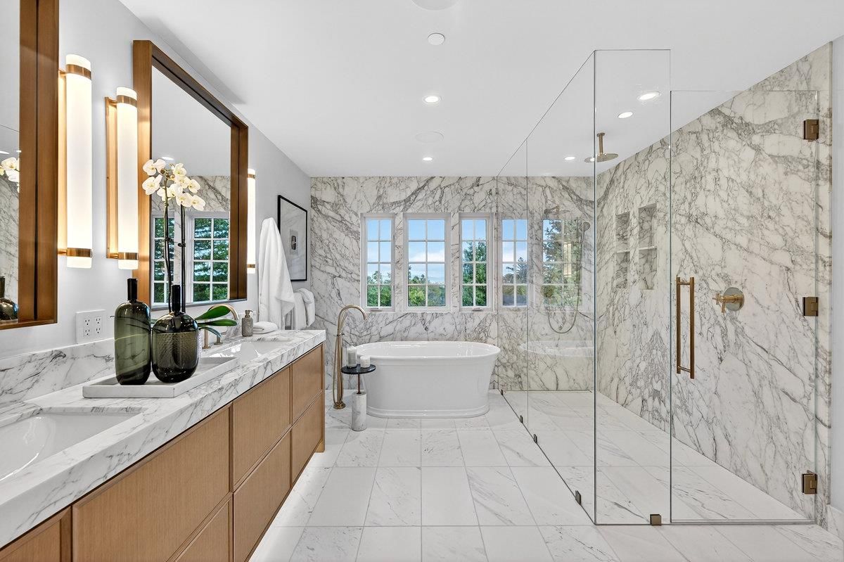 Bathroom, Dual Sink Vanities, Free Standing Baths, Glass Shower, Interior, Marble, Marble Walls, Recessed Lighting