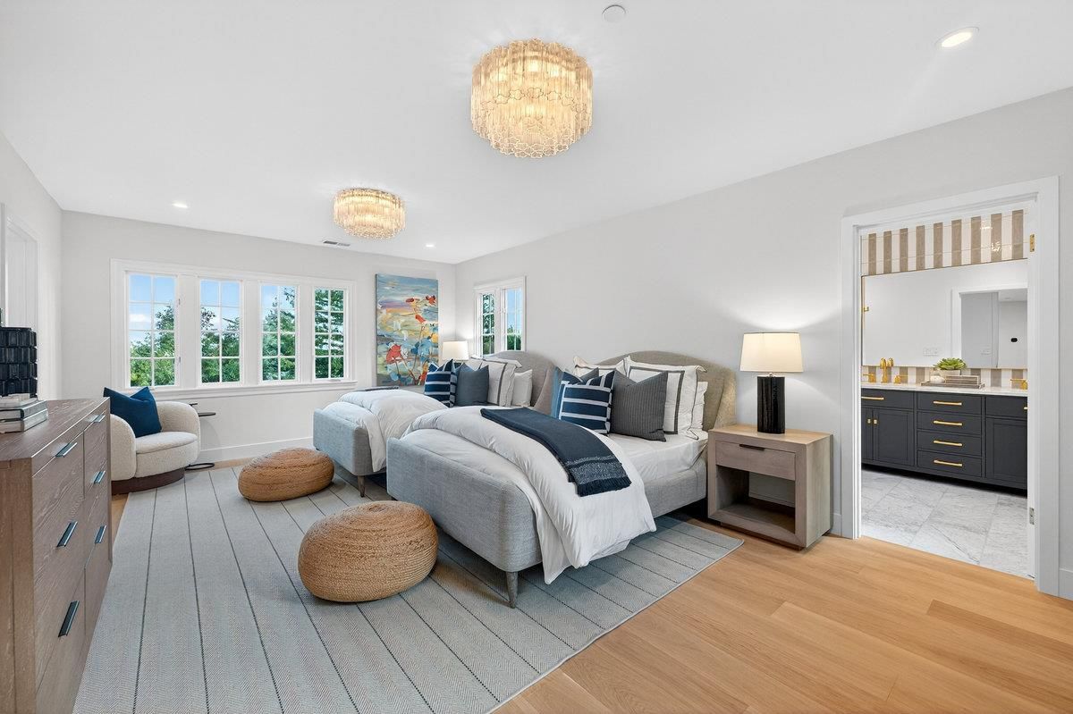 Bedroom, Chandelier, Interior, Recessed Lighting, Wood Texture Flooring