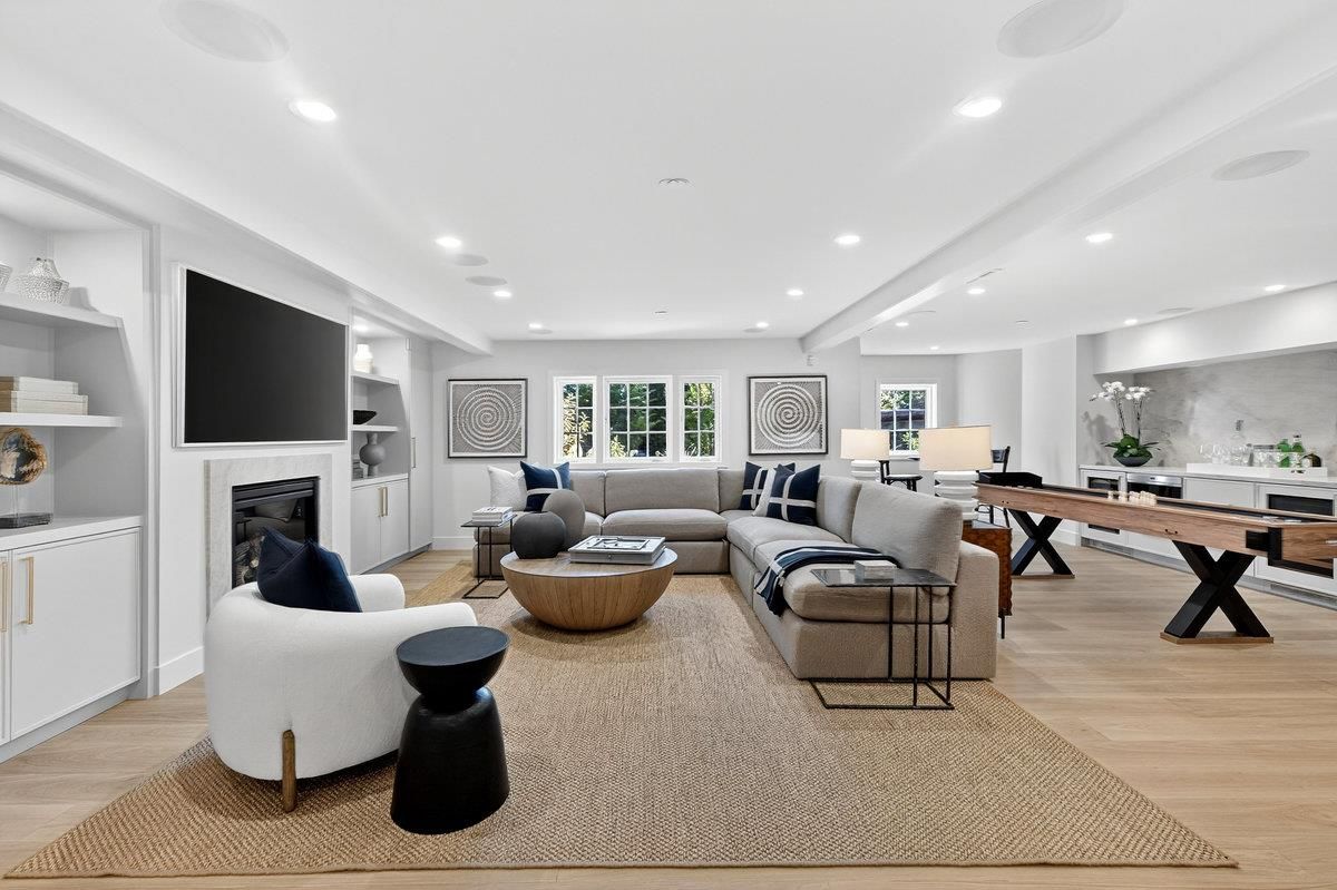 Fireplace, Game Room, Home Office, Interior, Living room, Recessed Lighting, Wood Texture Flooring