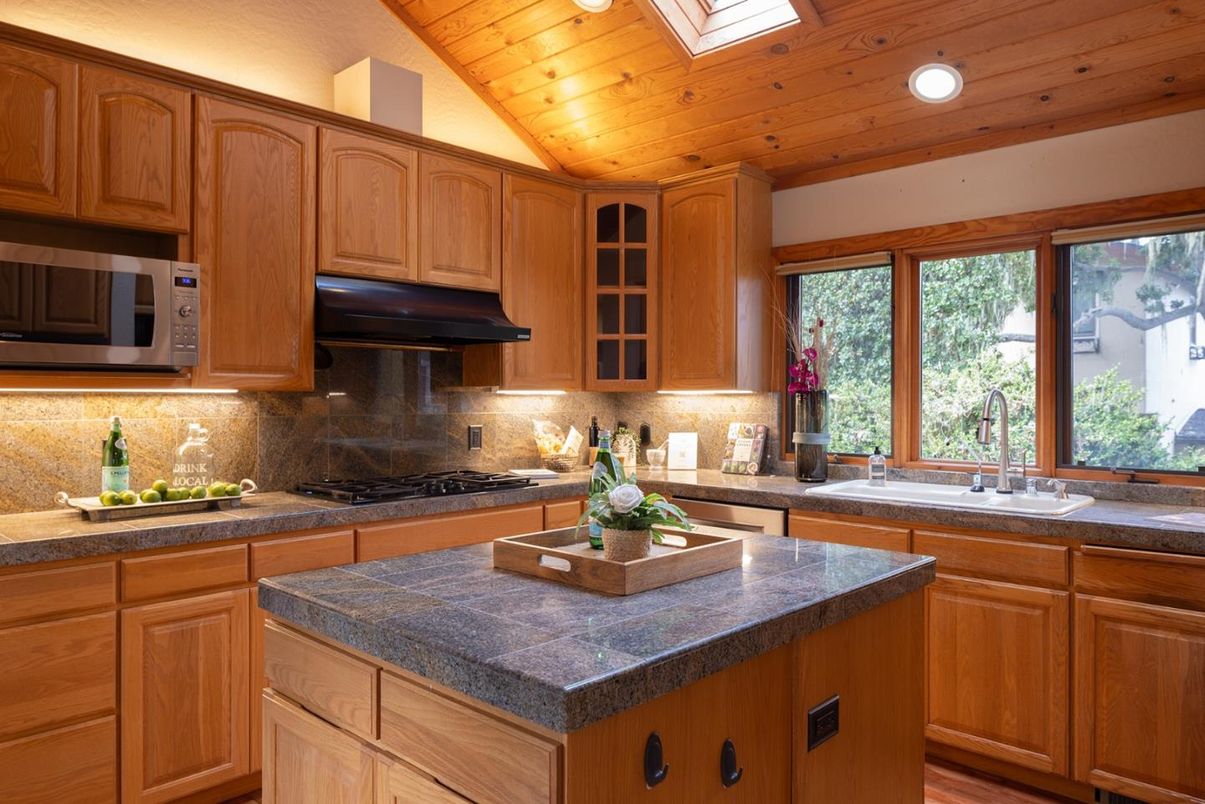 Interior, Kitchen, Recessed Lighting, Tile Countertops, Wooden Ceilings, Wood Texture Flooring