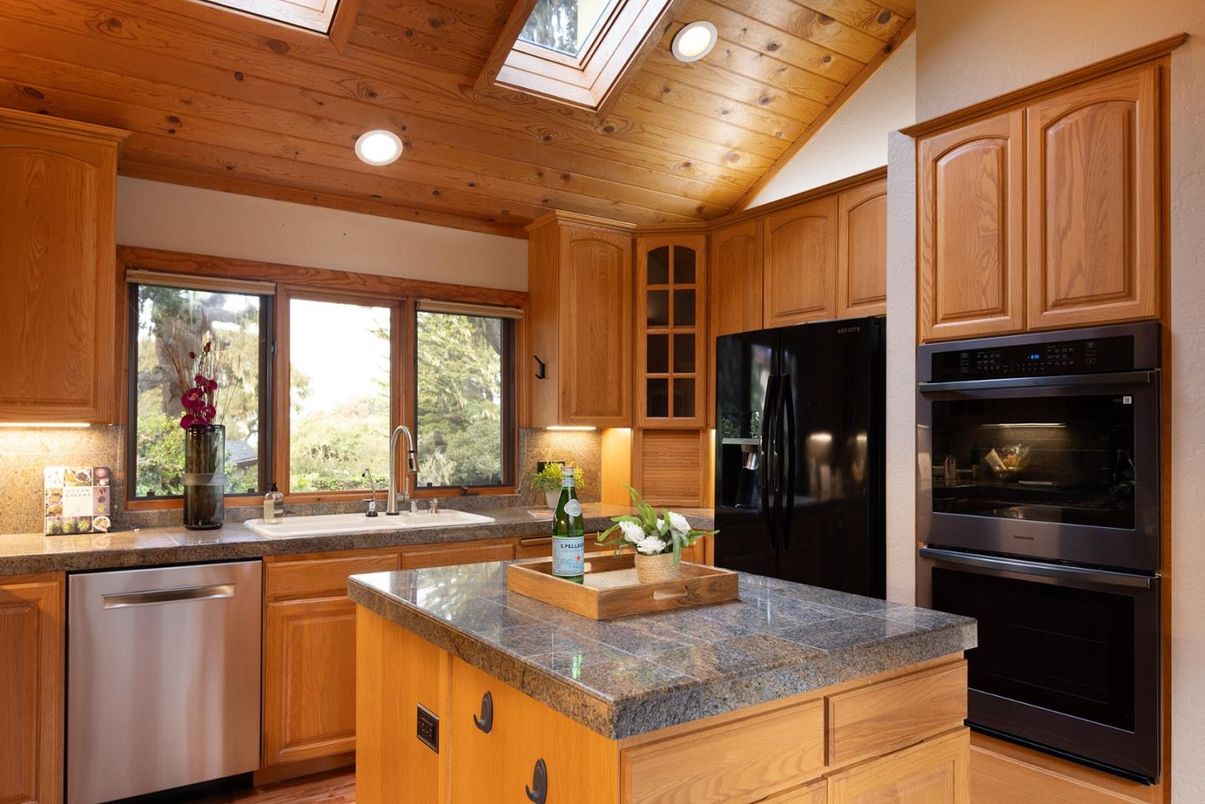 Interior, Kitchen, Recessed Lighting, Stainless Steel Appliances, Wooden Ceilings, Wood Texture Flooring