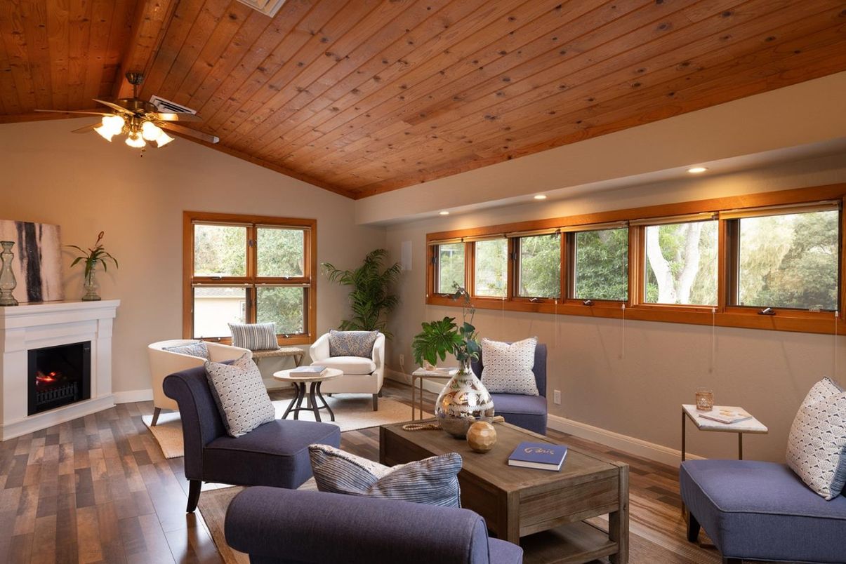 Fireplace, Interior, Living room, Recessed Lighting, Wooden Ceilings, Wood Texture Flooring