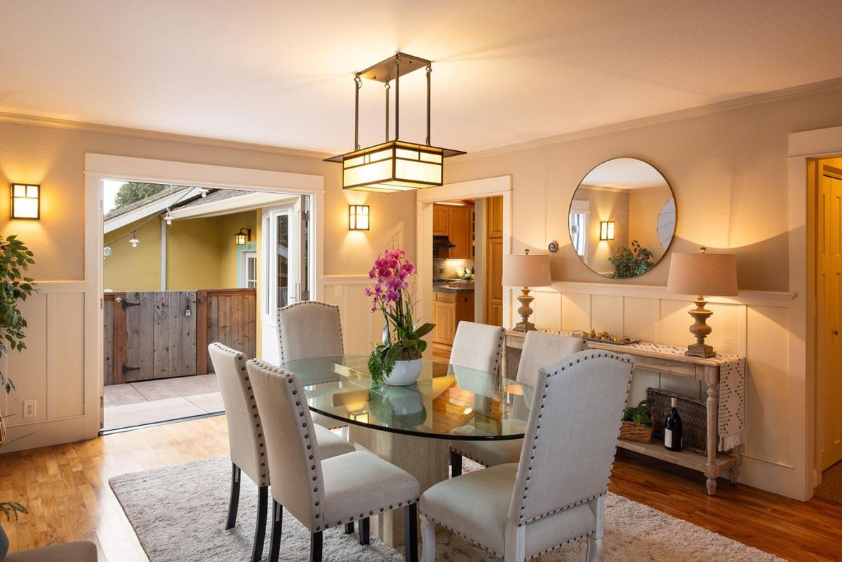 Dining room, Interior, Pendant Lights, Wood Texture Flooring