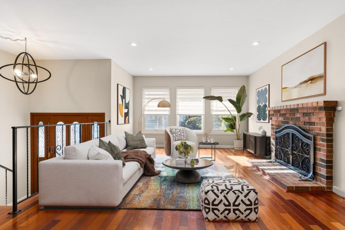 Fireplace, Interior, Living room, Pendant Lights, Recessed Lighting, Wood Texture Flooring