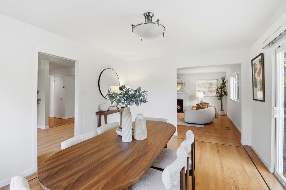 Dining room, Fireplace, Interior, Living room, Wood Texture Flooring