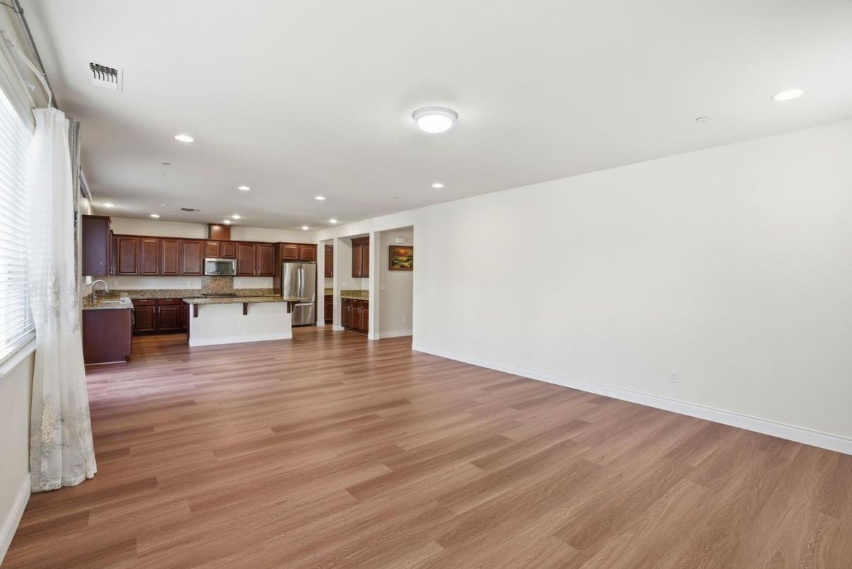 Empty room, Interior, Kitchen, Recessed Lighting, Wood Texture Flooring
