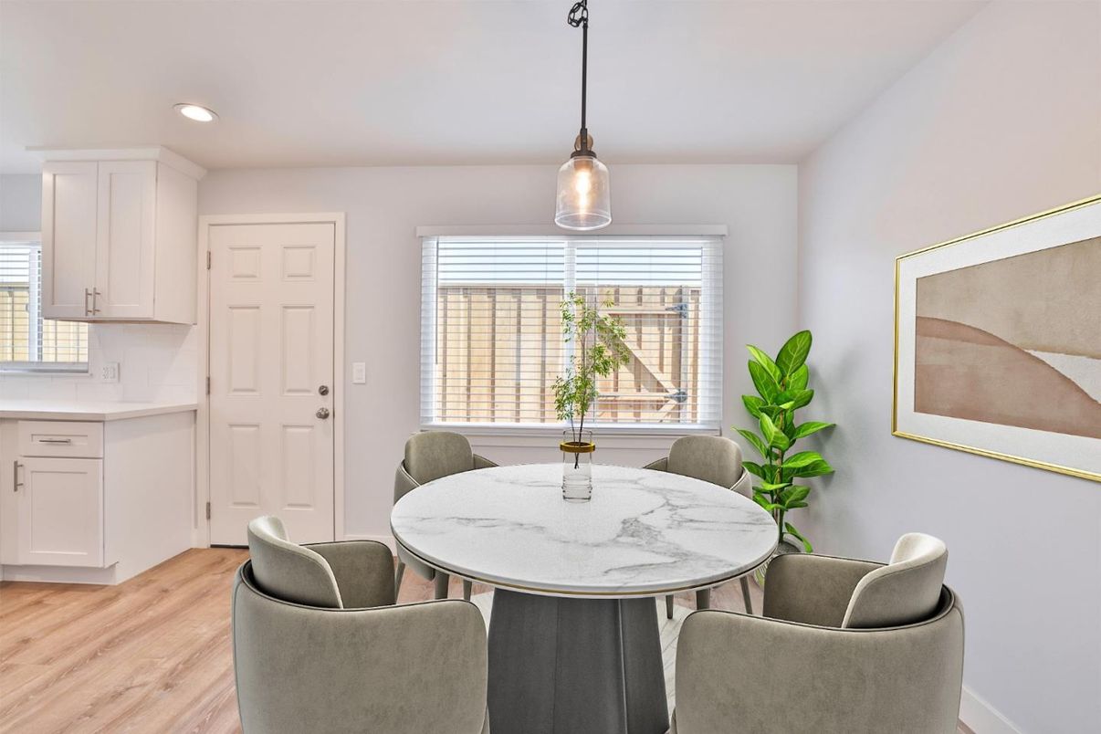 Dining room, Interior, Kitchen, Pendant Lights, Recessed Lighting, Wood Texture Flooring
