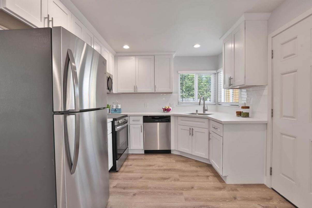 Interior, Kitchen, Recessed Lighting, Stainless Steel Appliances, Wood Texture Flooring