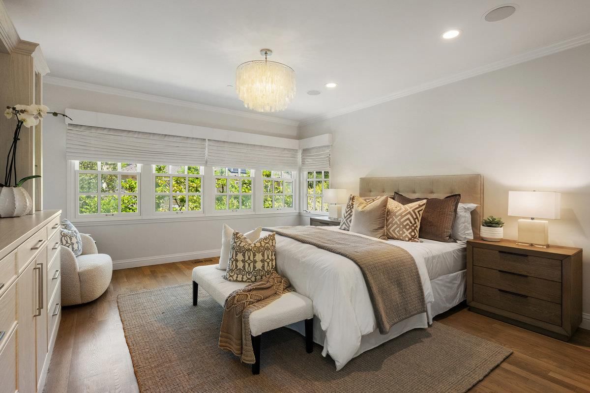 Bedroom, Chandelier, Interior, Recessed Lighting, Wood Texture Flooring