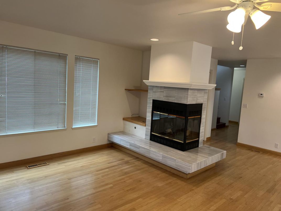 Fireplace, Interior, Recessed Lighting, Wood Texture Flooring