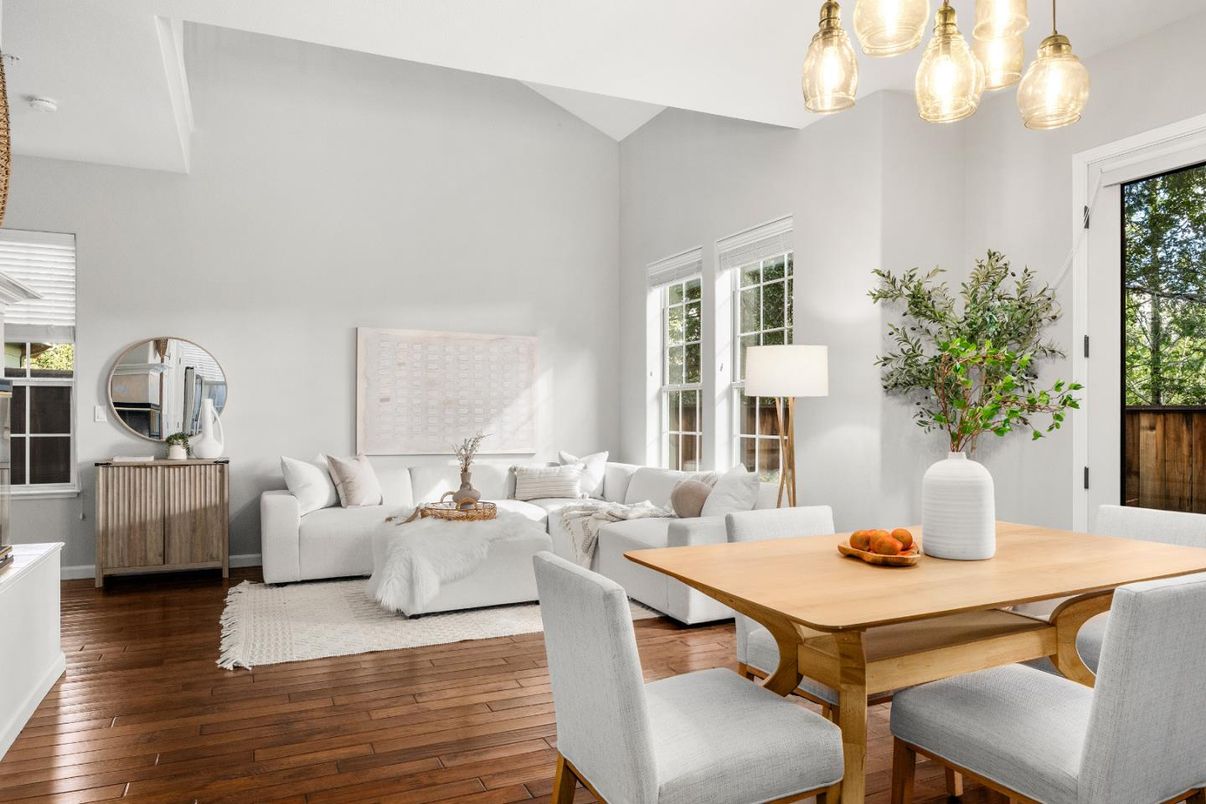 Dining room, Interior, Living room, Pendant Lights, Wood Texture Flooring