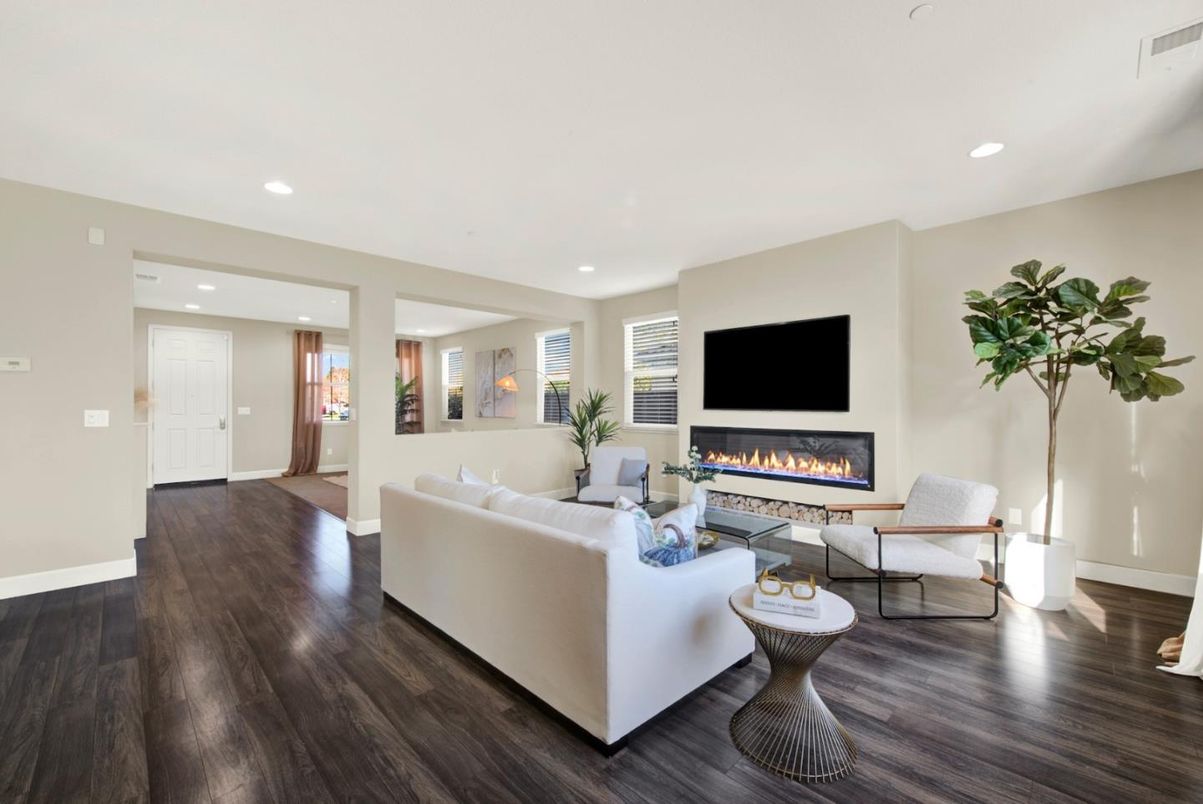 Fireplace, Interior, Living room, Recessed Lighting, Wood Texture Flooring