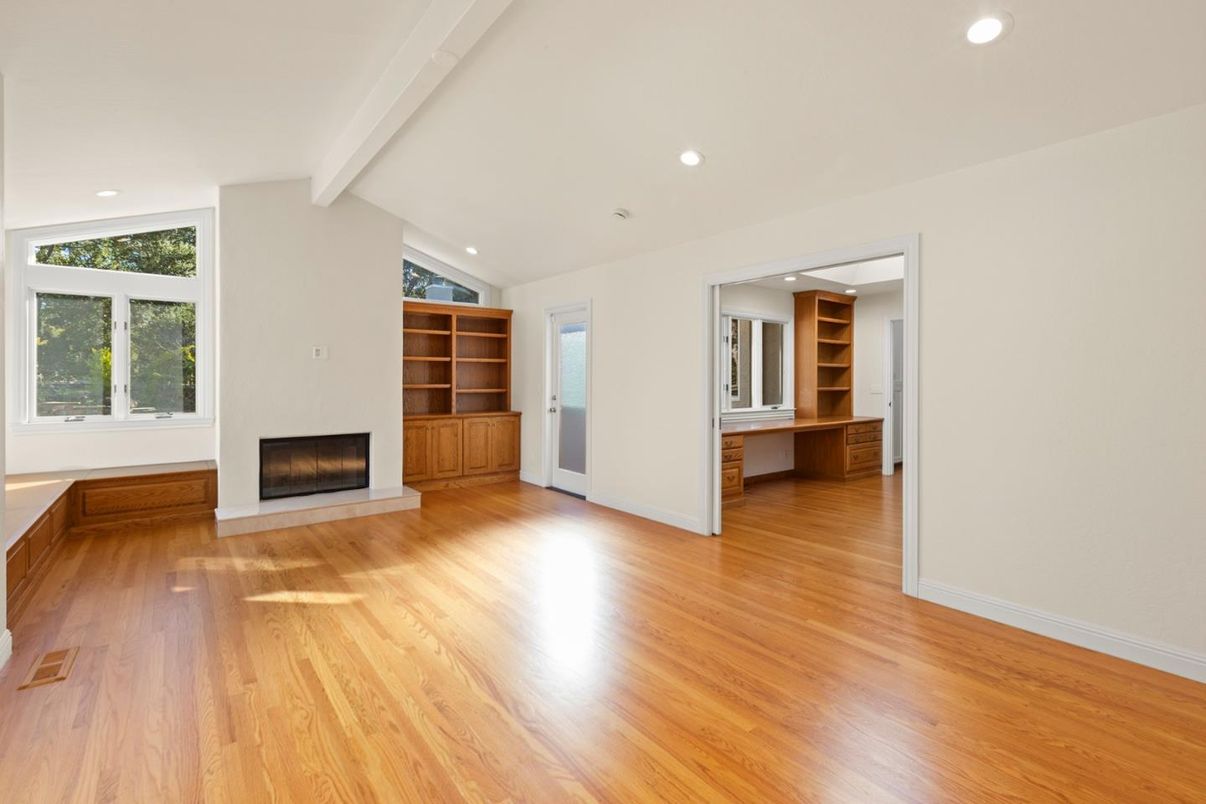 Empty room, Fireplace, Interior, Recessed Lighting, Wood Texture Flooring