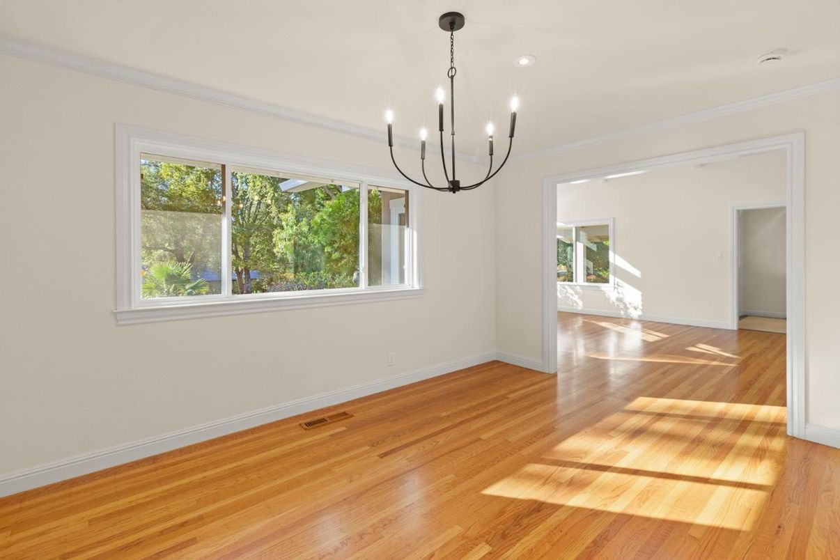 Chandelier, Empty room, Interior, Recessed Lighting, Wood Texture Flooring