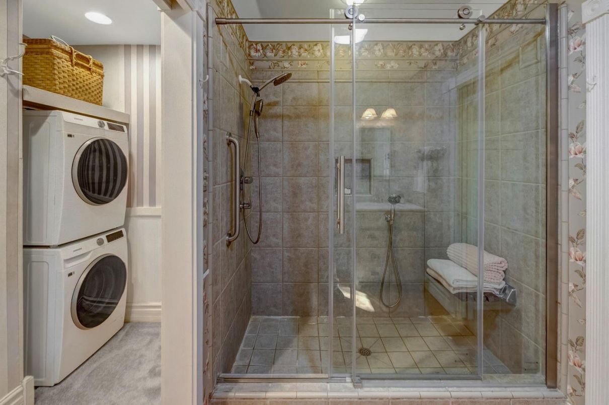 Bathroom, Glass Shower, Interior, Recessed Lighting, Utility Closets, Washer