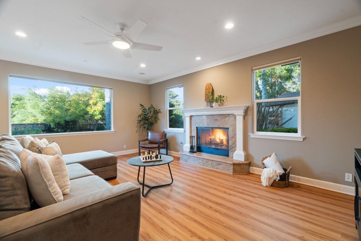 Fireplace, Interior, Living room, Recessed Lighting, Wood Texture Flooring