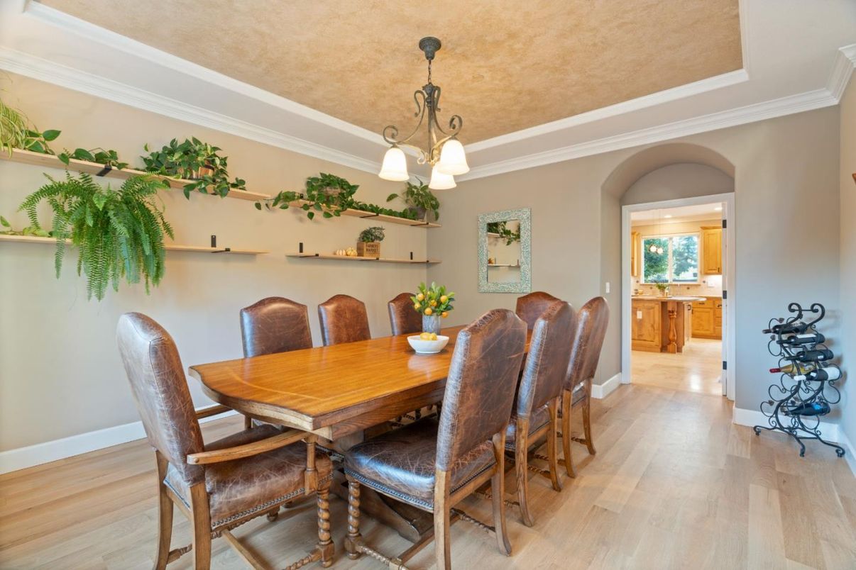 Dining room, Interior, Pendant Lights, Wood Texture Flooring