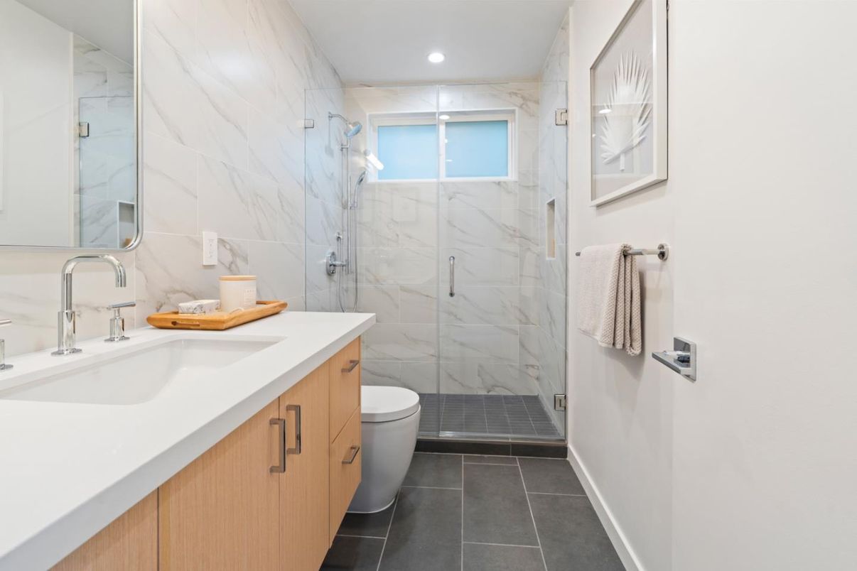 Bathroom, Glass Shower, Interior, Marble Walls, Recessed Lighting