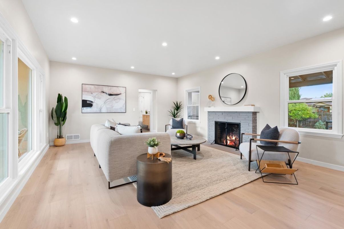 Fireplace, Interior, Living room, Recessed Lighting, Wood Texture Flooring