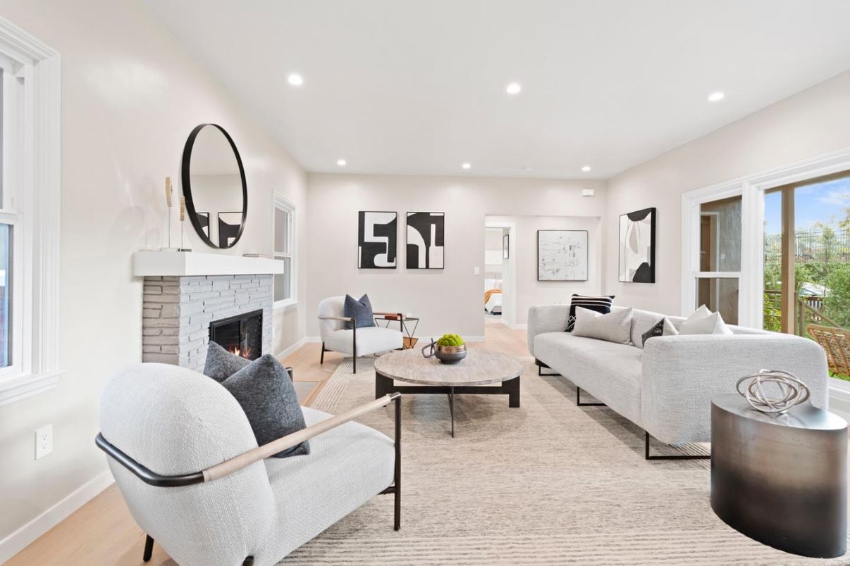 Fireplace, Interior, Living room, Recessed Lighting, Wood Texture Flooring