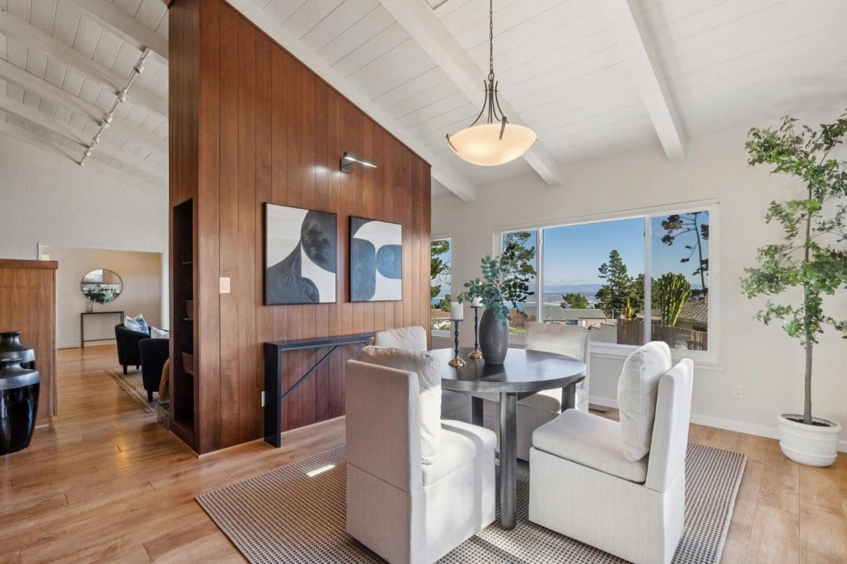Dining room, Interior, Pendant Lights, Water, Wood Texture Flooring, Wooden Walls