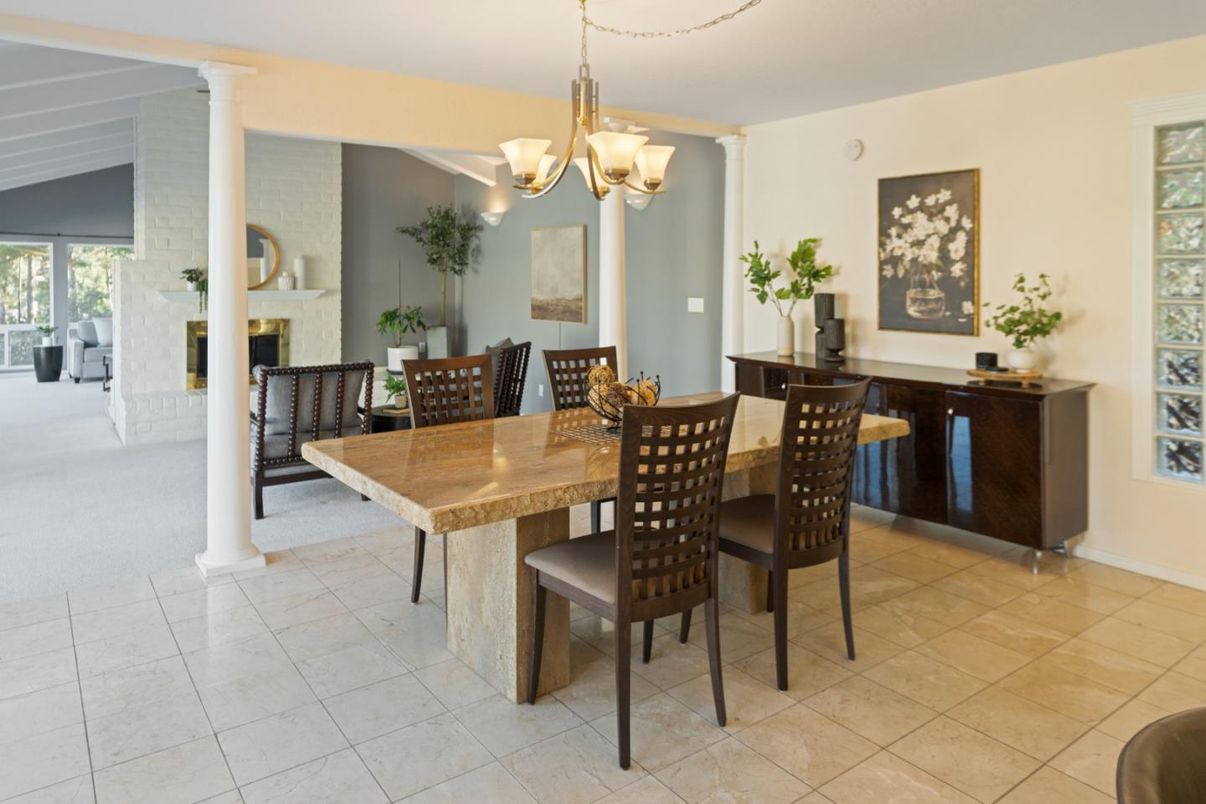 Chandelier, Dining room, Fireplace, Interior