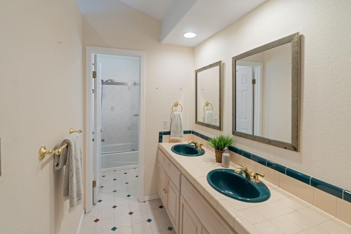 Bathroom, Dual Sink Vanities, Interior, Recessed Lighting, Tile Countertops