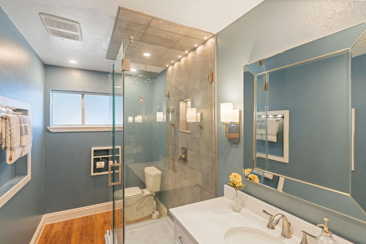 Bathroom, Glass Shower, Interior, Recessed Lighting, Wood Texture Flooring