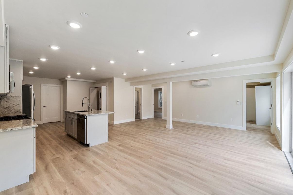 Empty room, Interior, Kitchen, Recessed Lighting, Wood Texture Flooring
