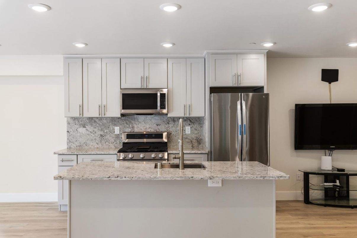 Interior, Kitchen, Recessed Lighting, Stainless Steel Appliances, Wood Texture Flooring