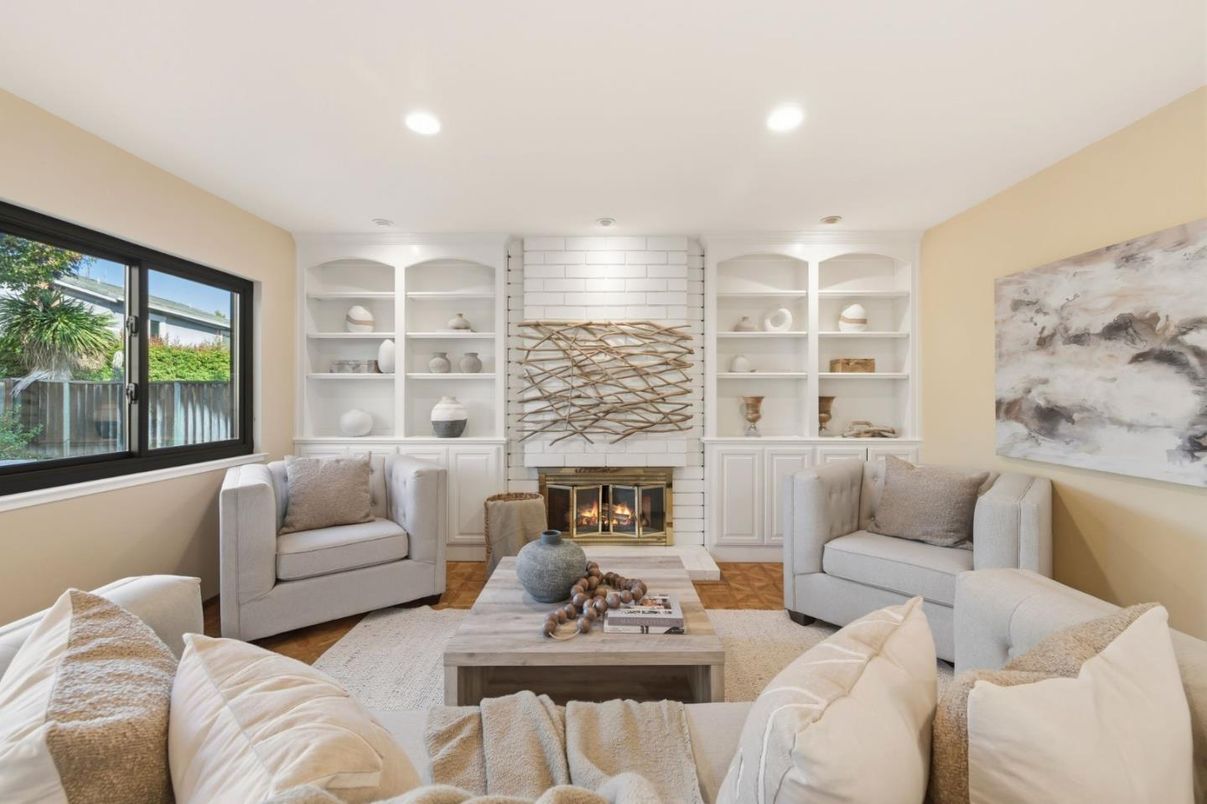 Fireplace, Interior, Living room, Recessed Lighting, Stone Walls, Wood Texture Flooring