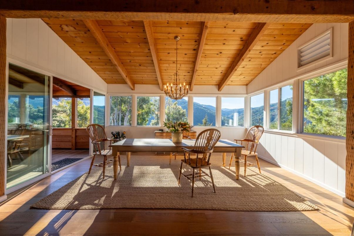 Chandelier, Dining room, Interior, Sun Room, Wooden Beams, Wooden Ceilings, Wood Texture Flooring