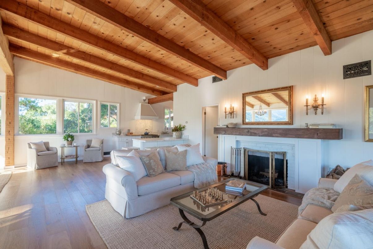 Fireplace, Interior, Living room, Pendant Lights, Wooden Beams, Wooden Ceilings, Wood Texture Flooring