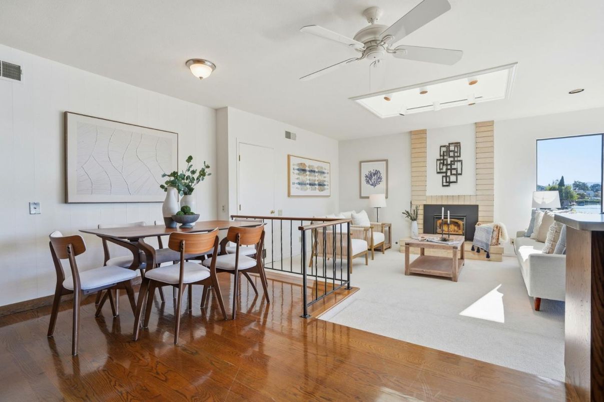Dining room, Fireplace, Interior, Living room, Recessed Lighting, Wood Texture Flooring