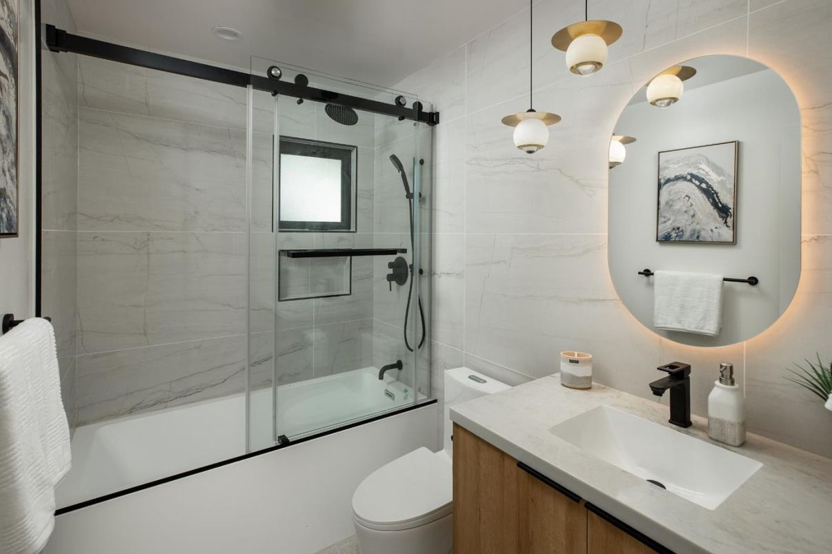 Bathroom, Glass Shower, Interior, Marble Walls, Pendant Lights