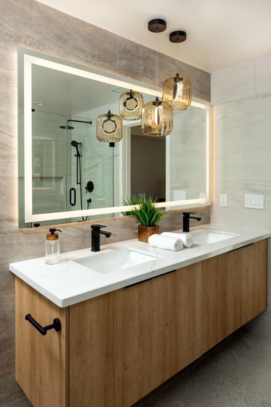 Bathroom, Dual Sink Vanities, Glass Shower, Interior, Pendant Lights