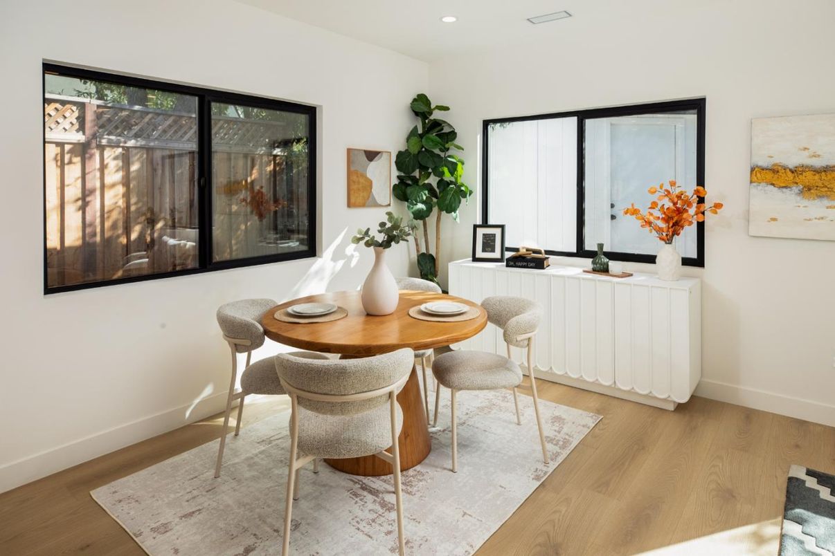 Dining room, Interior, Recessed Lighting, Wood Texture Flooring