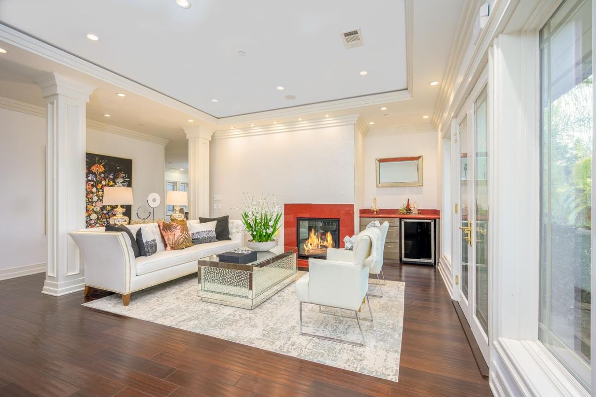 Fireplace, Interior, Living room, Recessed Lighting, Wood Texture Flooring