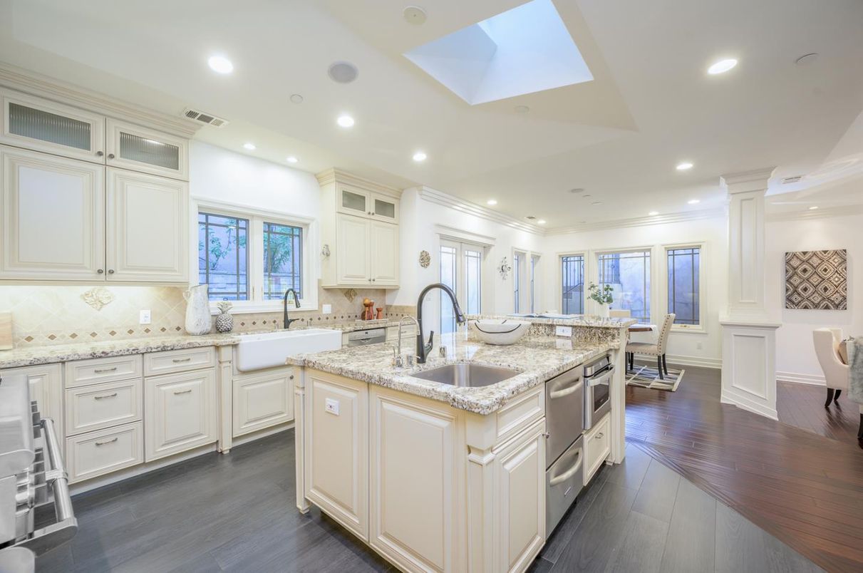 Dining room, Interior, Kitchen, Recessed Lighting, Stainless Steel Appliances, Wood Texture Flooring