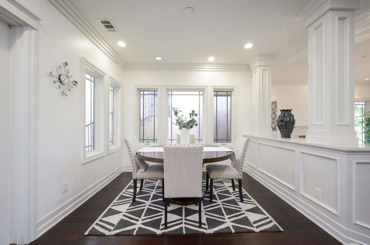Dining room, Interior, Recessed Lighting, Wood Texture Flooring