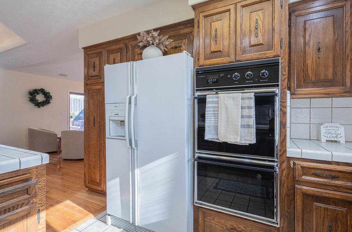 Interior, Kitchen, Tile Countertops, Wood Texture Flooring