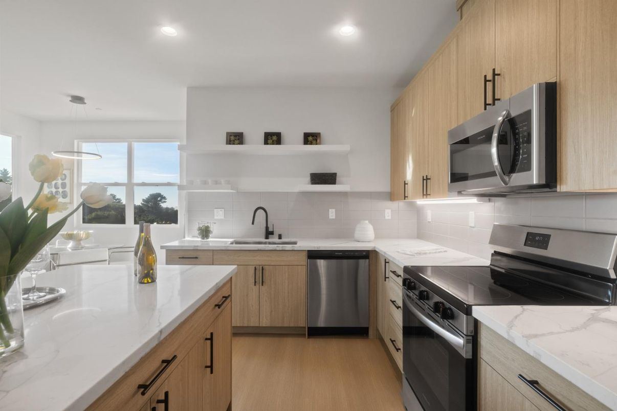 Interior, Kitchen, Pendant Lights, Recessed Lighting, Stainless Steel Appliances, Wood Texture Flooring