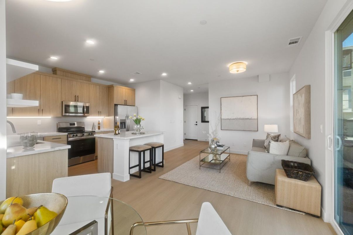 Interior, Kitchen, Living room, Recessed Lighting, Stainless Steel Appliances, Wood Texture Flooring