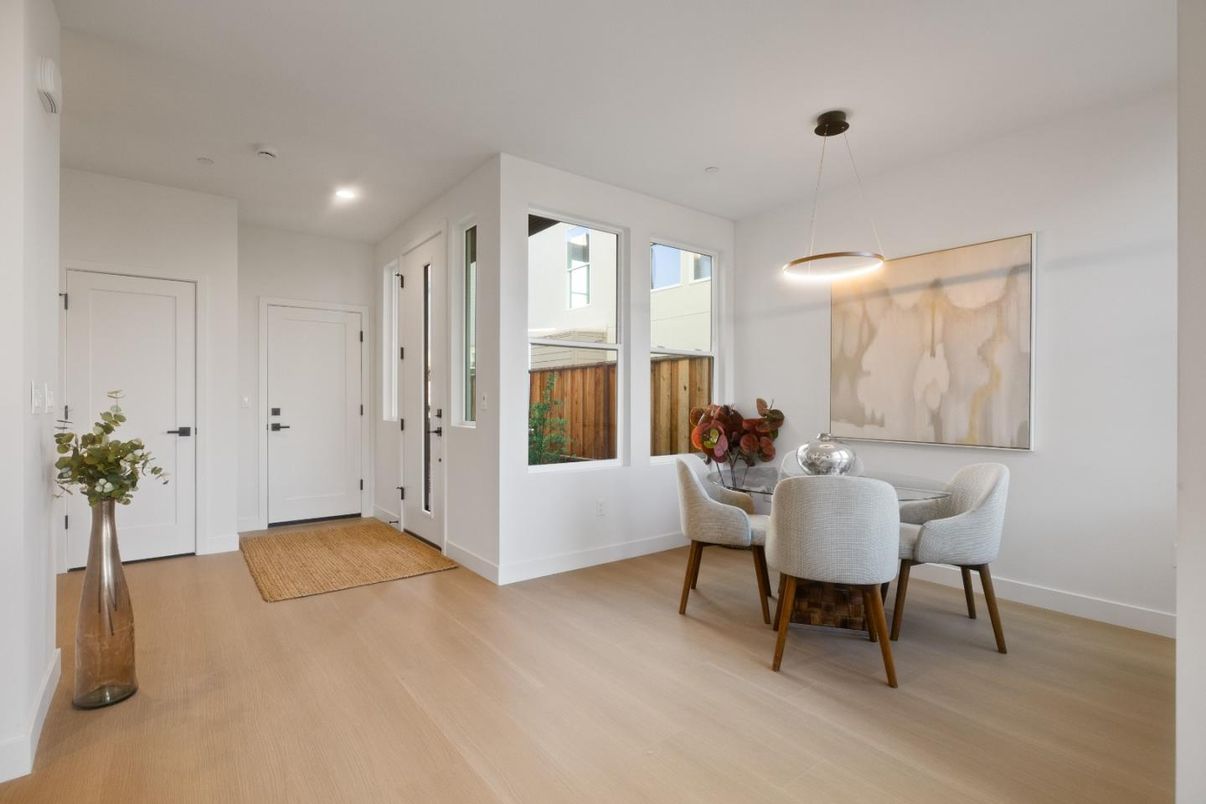 Dining room, Interior, Pendant Lights, Recessed Lighting, Wood Texture Flooring