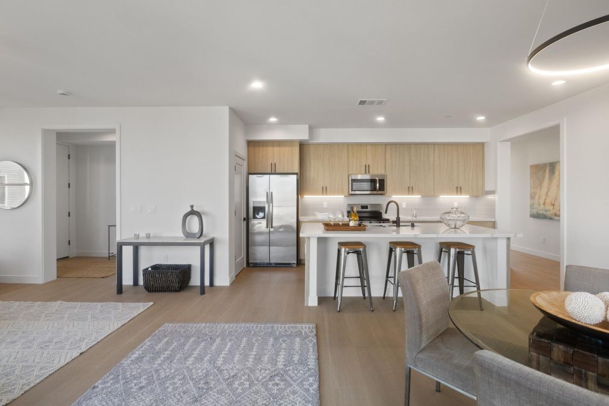 Interior, Kitchen, Recessed Lighting, Stainless Steel Appliances, Wood Texture Flooring